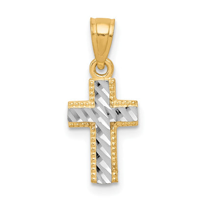 10k Yellow w/Rhodium & Rhodium Tiny Diamond-Cut Cross Pendant