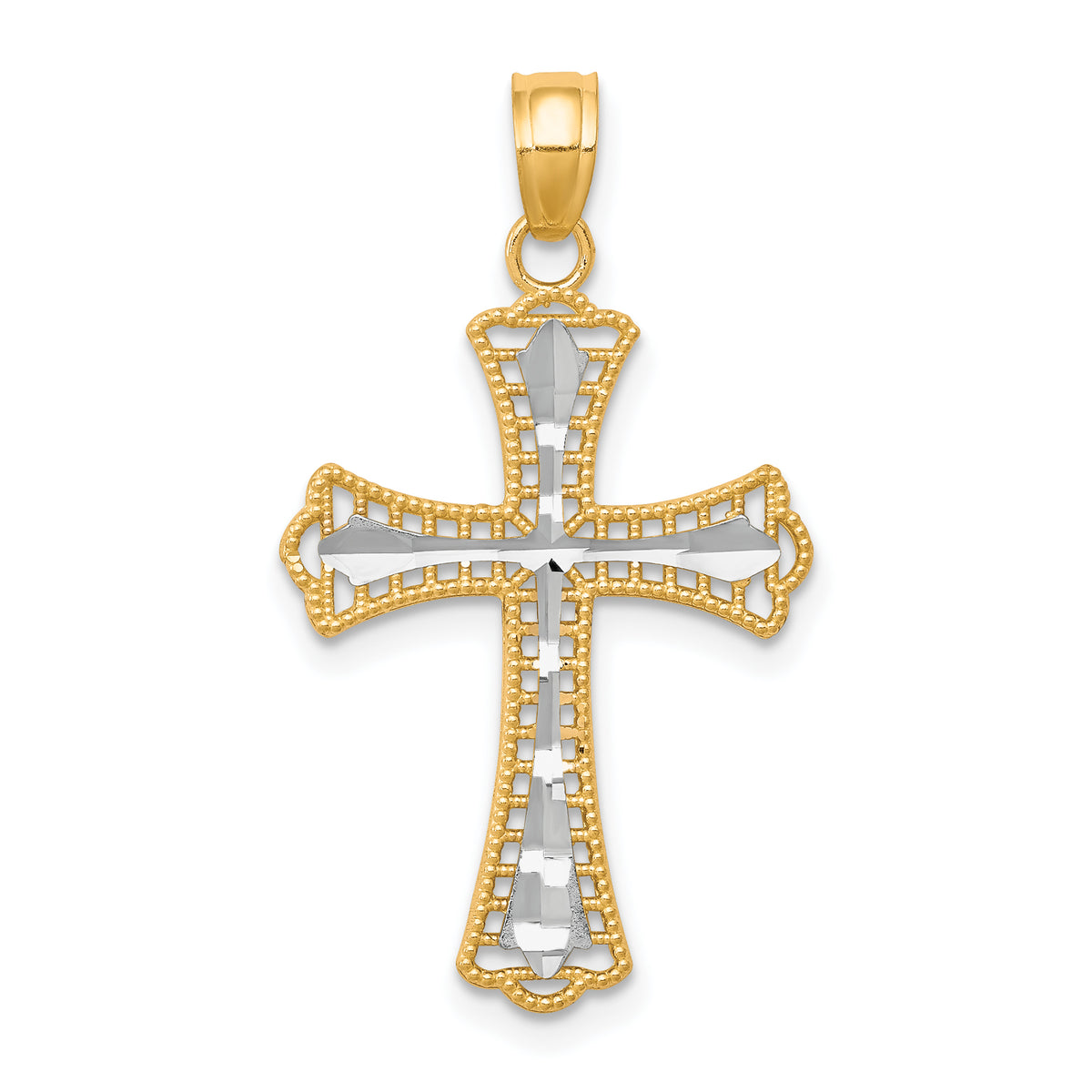 10k Yellow w/Rhodium w/ Rhodium Diamond-Cut Cross Pendant
