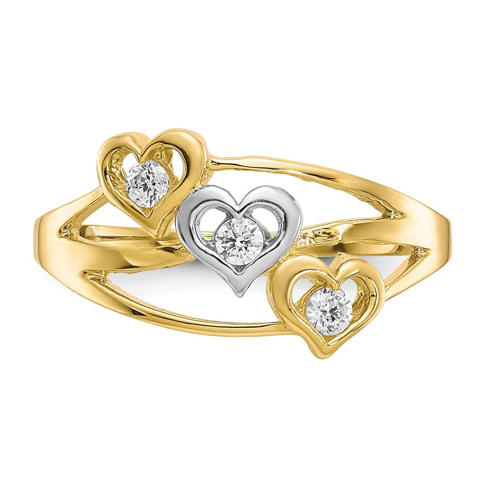 10K Yellow W/Rhodium 10K Triple Heart 3 Stone Cz Ring