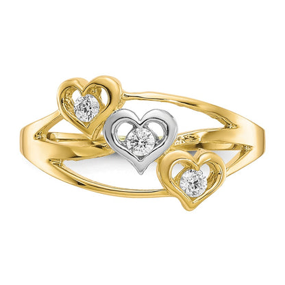 10K Yellow W/Rhodium 10K Triple Heart 3 Stone Cz Ring