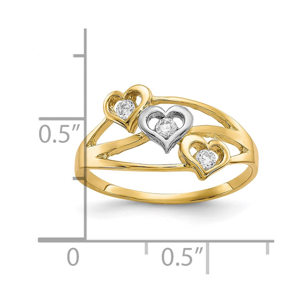 10K Yellow W/Rhodium 10K Triple Heart 3 Stone Cz Ring