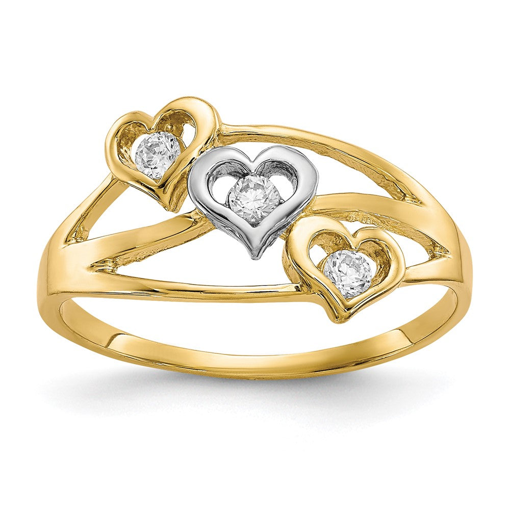 10K Yellow W/Rhodium 10K Triple Heart 3 Stone Cz Ring