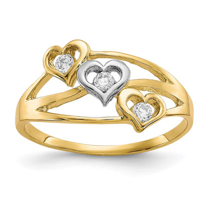 10K Yellow W/Rhodium 10K Triple Heart 3 Stone Cz Ring