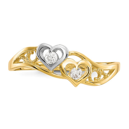 10K Yellow W/Rhodium 10K Double Heart Cz Ring