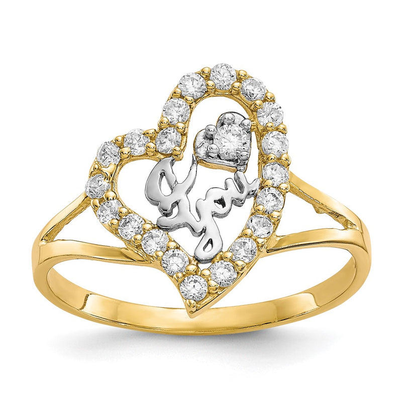 10K Yellow W/Rhodium 10K W/White Rhodium I Love You Cz Heart Ring