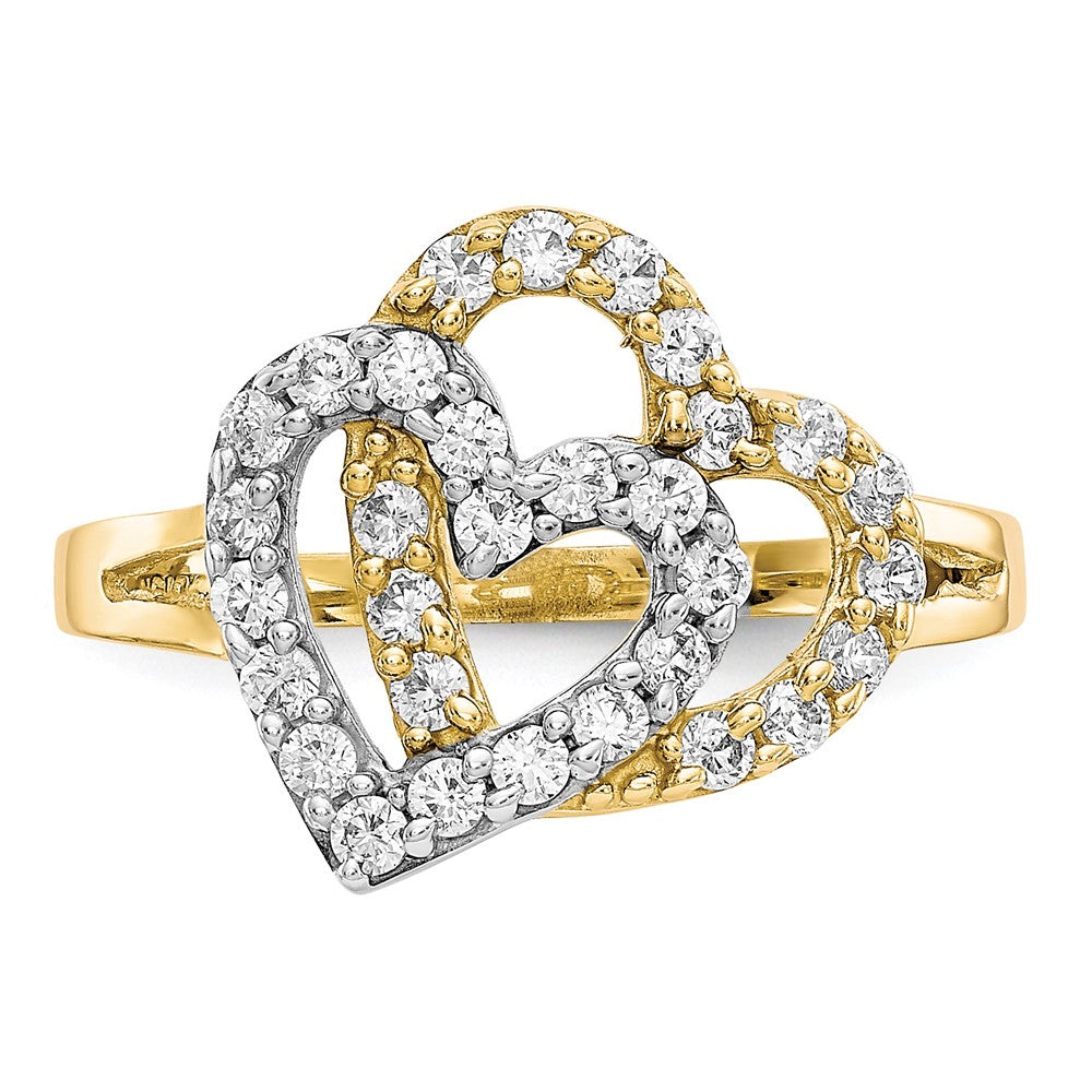 10K Yellow W/Rhodium 10K Double Heart Cz Ring