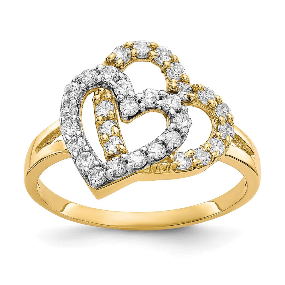 10K Yellow W/Rhodium 10K Double Heart Cz Ring
