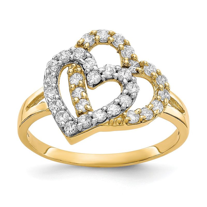 10K Yellow W/Rhodium 10K Double Heart Cz Ring