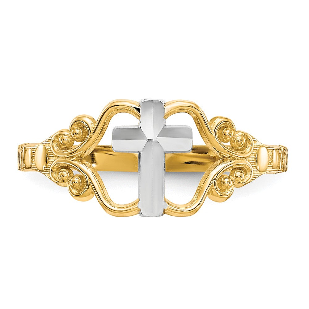 10K Yellow W/Rhodium & Rhodium Polished Cross Ring