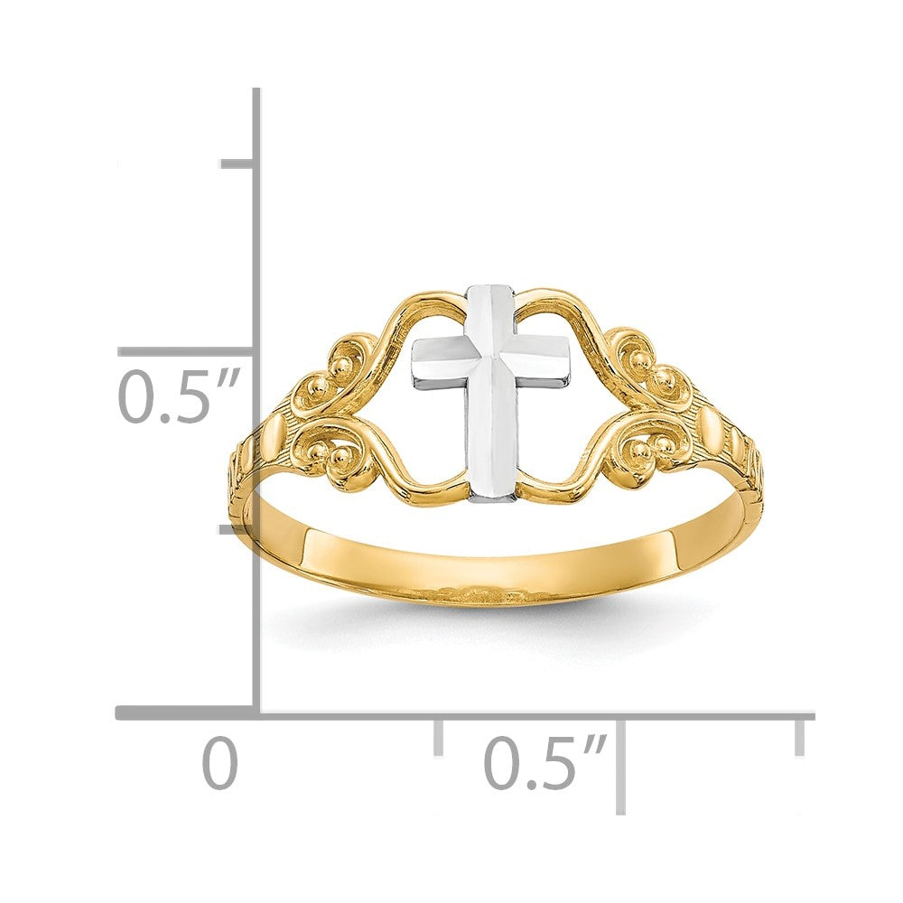 10K Yellow W/Rhodium & Rhodium Polished Cross Ring