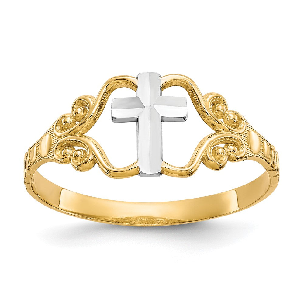 10K Yellow W/Rhodium & Rhodium Polished Cross Ring