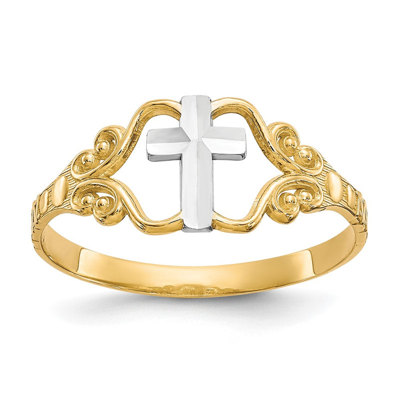 10K Yellow W/Rhodium & Rhodium Polished Cross Ring