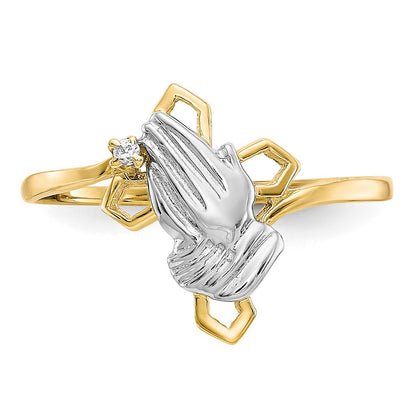 10K Yellow W/Rhodium & Rhodium Praying Hands Cz W/Cross Ring