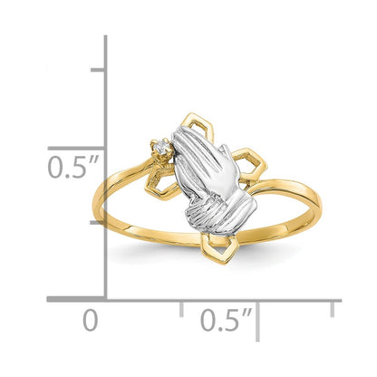 10K Yellow W/Rhodium & Rhodium Praying Hands Cz W/Cross Ring
