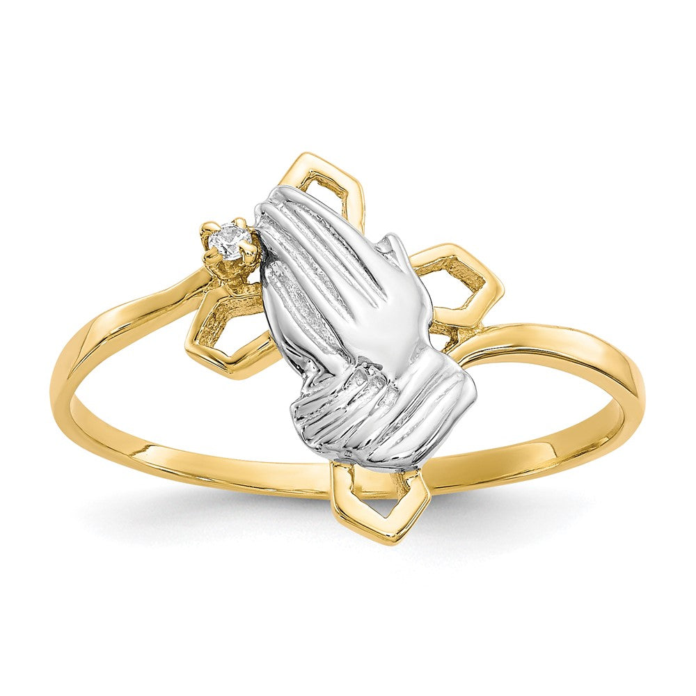 10K Yellow W/Rhodium & Rhodium Praying Hands Cz W/Cross Ring