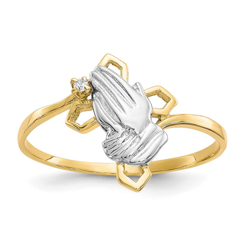 10K Yellow W/Rhodium & Rhodium Praying Hands Cz W/Cross Ring