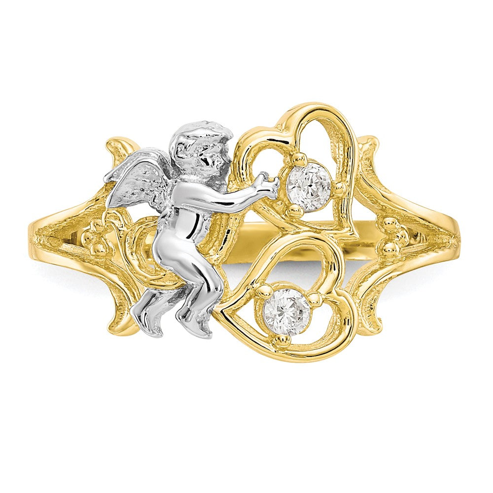 10K Yellow W/Rhodium & Rhodium Cz Angel W/Hearts Ring