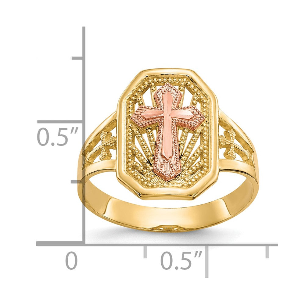 10K Two-Tone Filigree Cross Ring