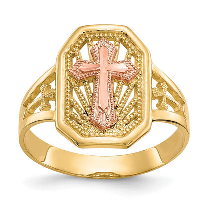 10K Two-Tone Filigree Cross Ring