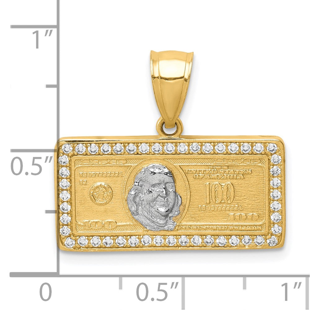 10k Yellow w/Rhodium 10K w/Rhodium CZ Micropave 100 Dollar Bill Pendant