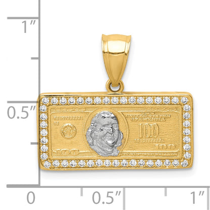 10k Yellow w/Rhodium 10K w/Rhodium CZ Micropave 100 Dollar Bill Pendant