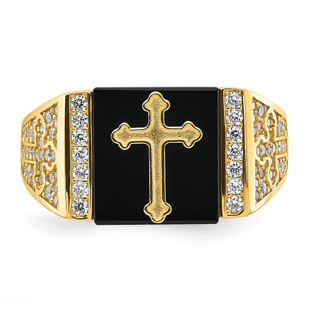10K Yellow Gold 10K Cz And Onyx Cross Men'S Ring