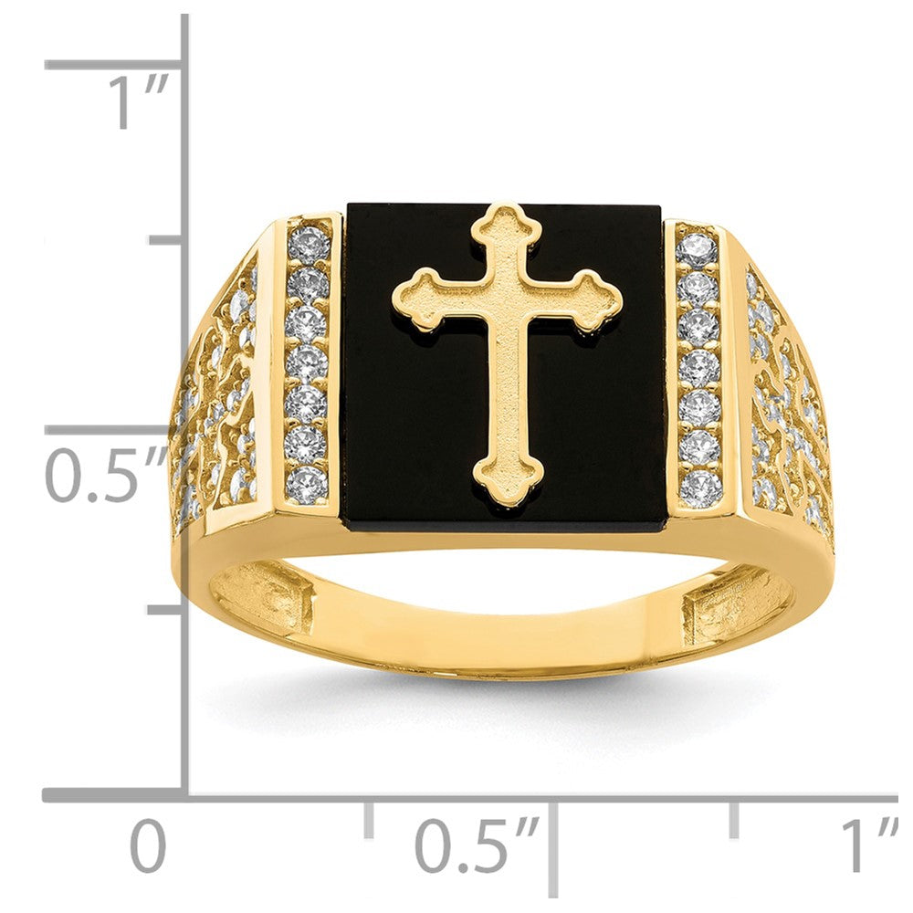 10K Yellow Gold 10K Cz And Onyx Cross Men'S Ring