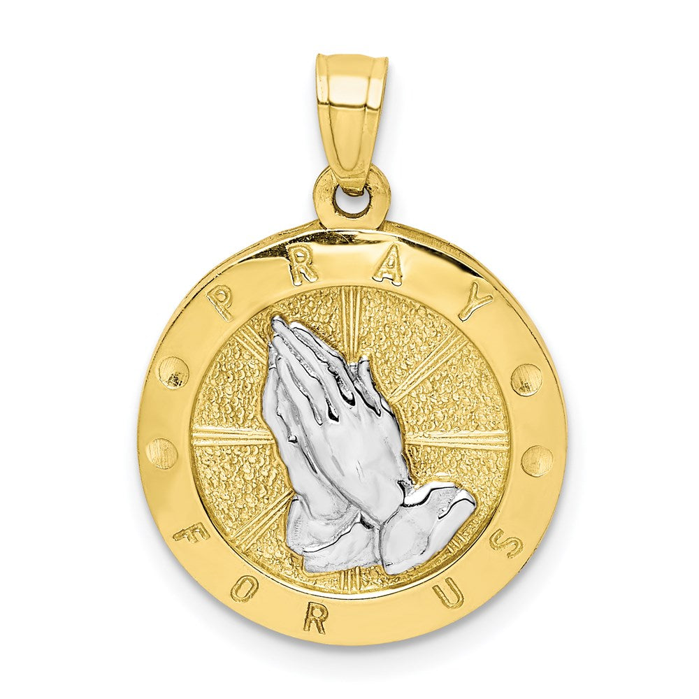 10k Yellow Gold w/Rhodium Reversible Jesus and Praying Hands Medal