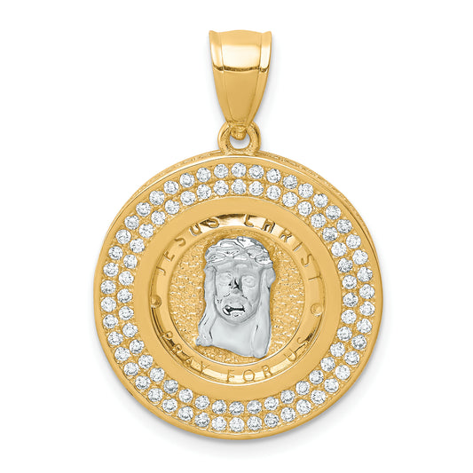 10k Yellow w/Rhodium 10K W/Rhodium CZ Channel Edge Pave Jesus Face Pendant