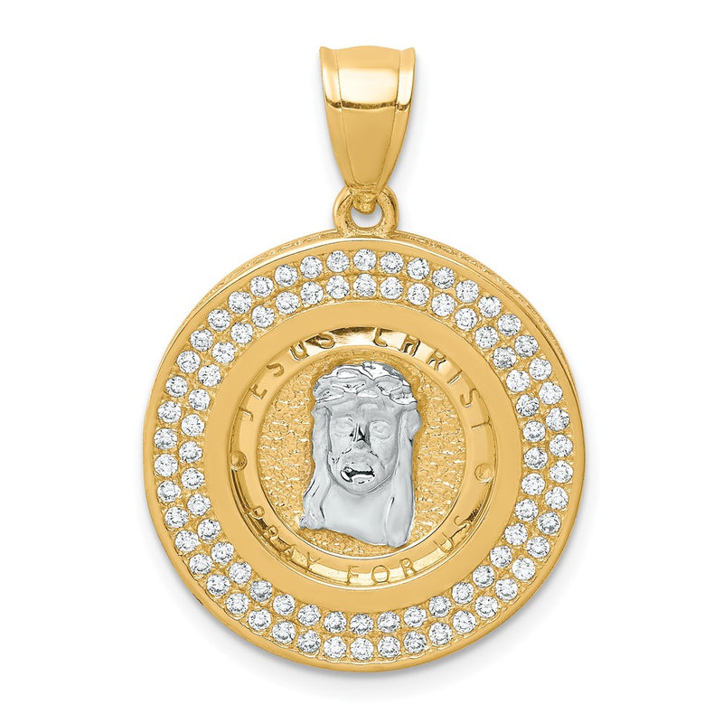 10k Yellow w/Rhodium 10K W/Rhodium CZ Channel Edge Pave Jesus Face Pendant