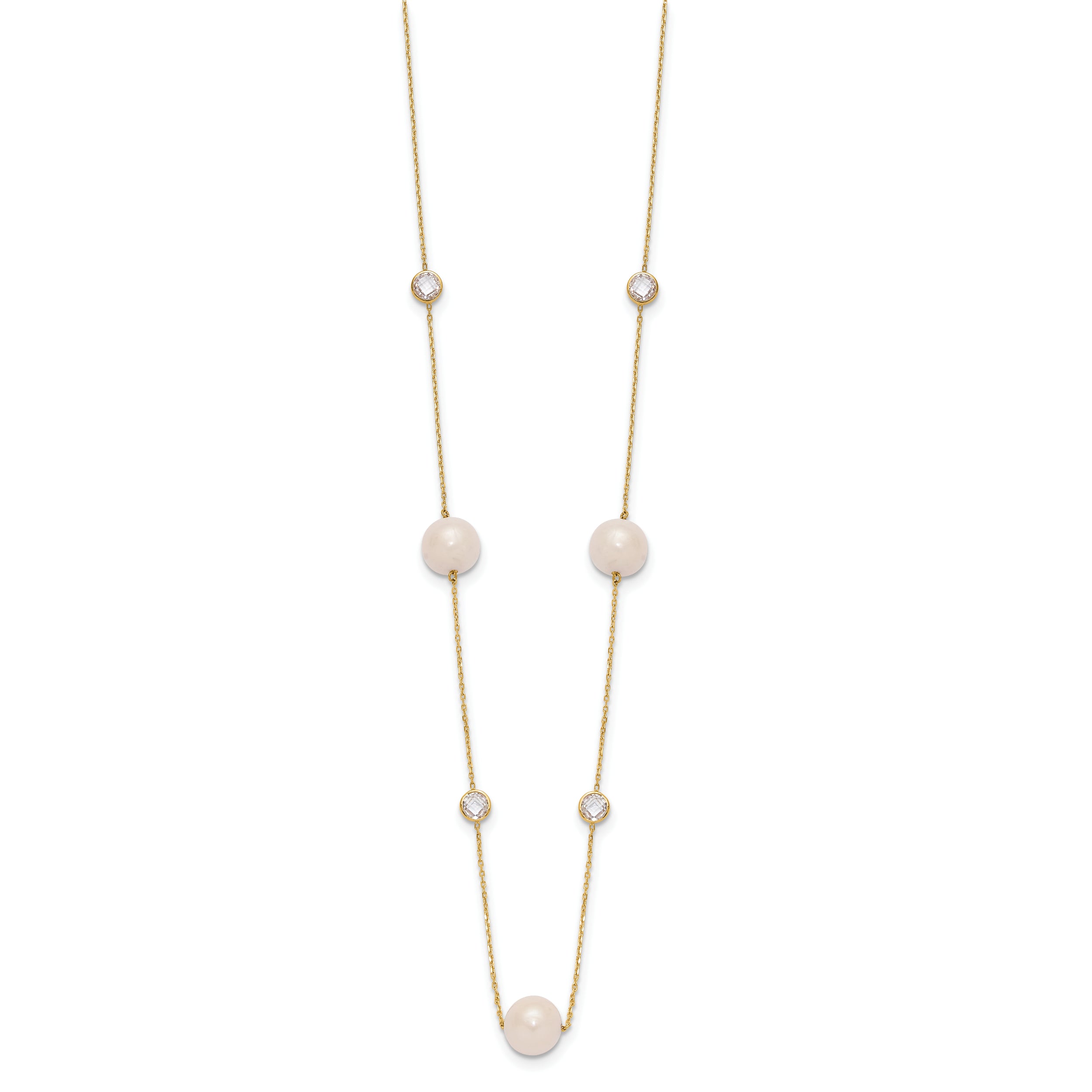 10K Yellow Gold 10K Polished Cz And 7-8mm Fwc Pearl 7 Station Necklace