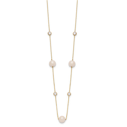 10K Yellow Gold 10K Polished Cz And 7-8mm Fwc Pearl 7 Station Necklace
