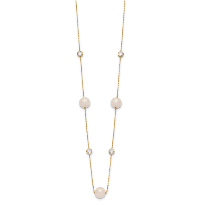 10K Yellow Gold 10K Polished Cz And 7-8mm Fwc Pearl 7 Station Necklace