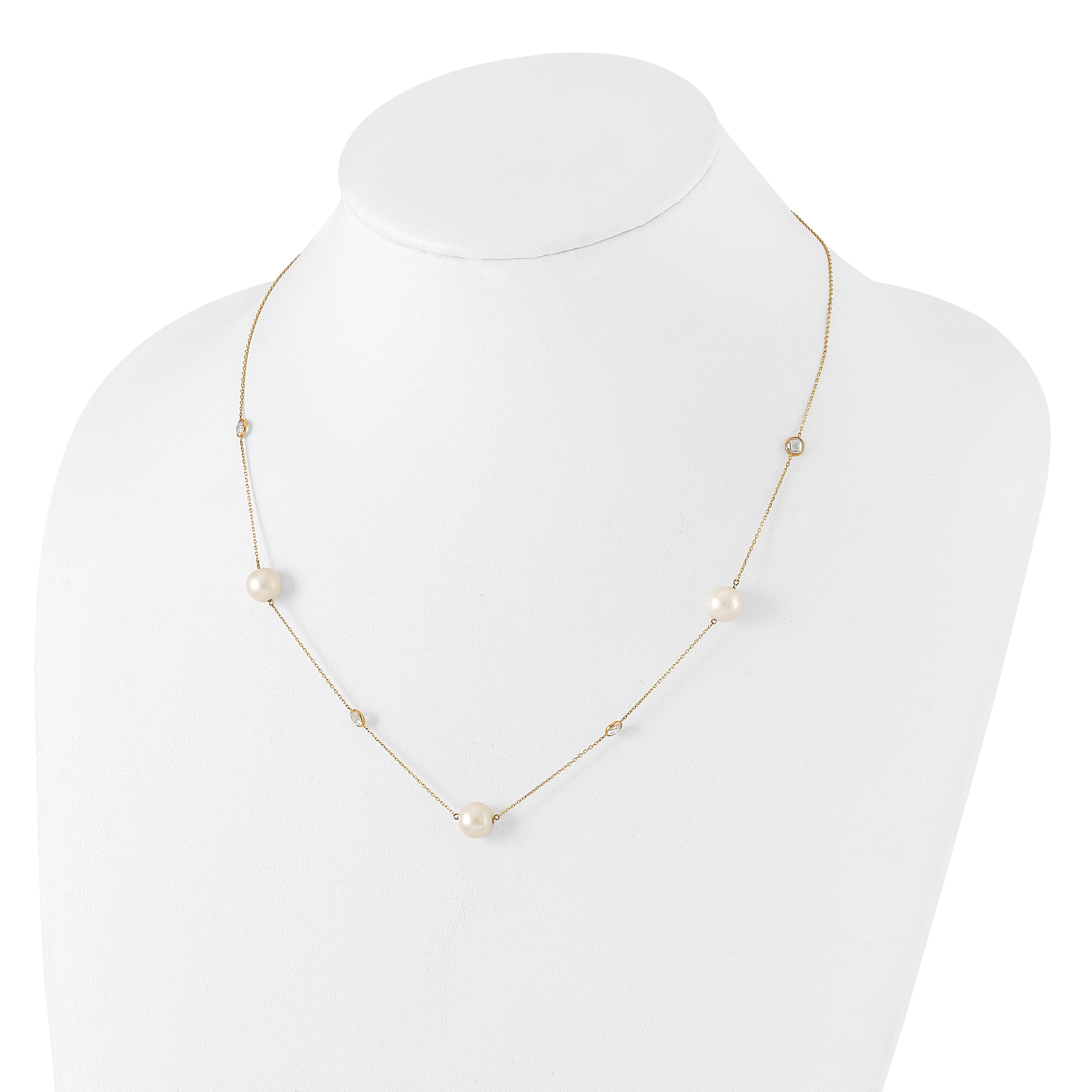10K Yellow Gold 10K Polished Cz And 7-8mm Fwc Pearl 7 Station Necklace