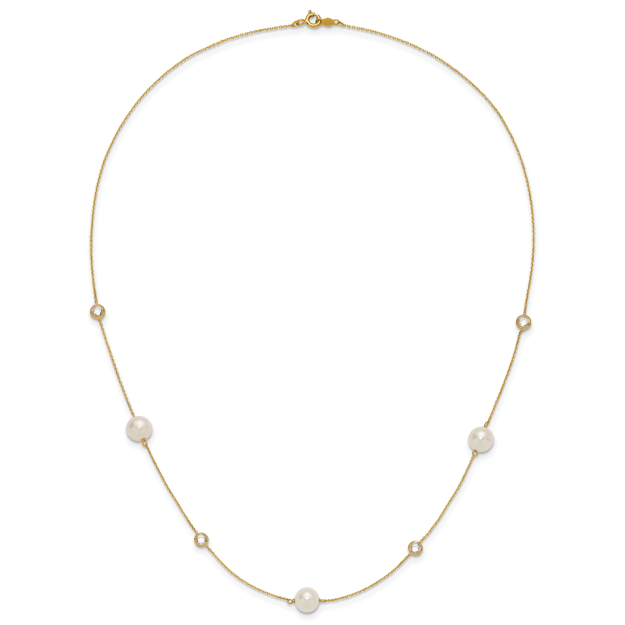 10K Yellow Gold 10K Polished Cz And 7-8mm Fwc Pearl 7 Station Necklace