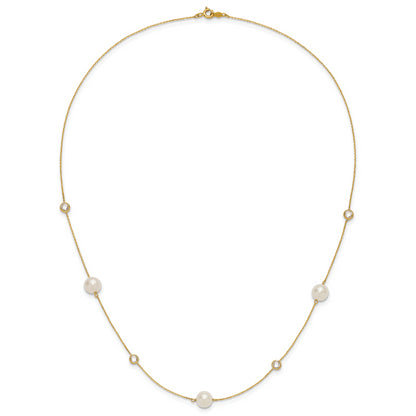 10K Yellow Gold 10K Polished Cz And 7-8mm Fwc Pearl 7 Station Necklace