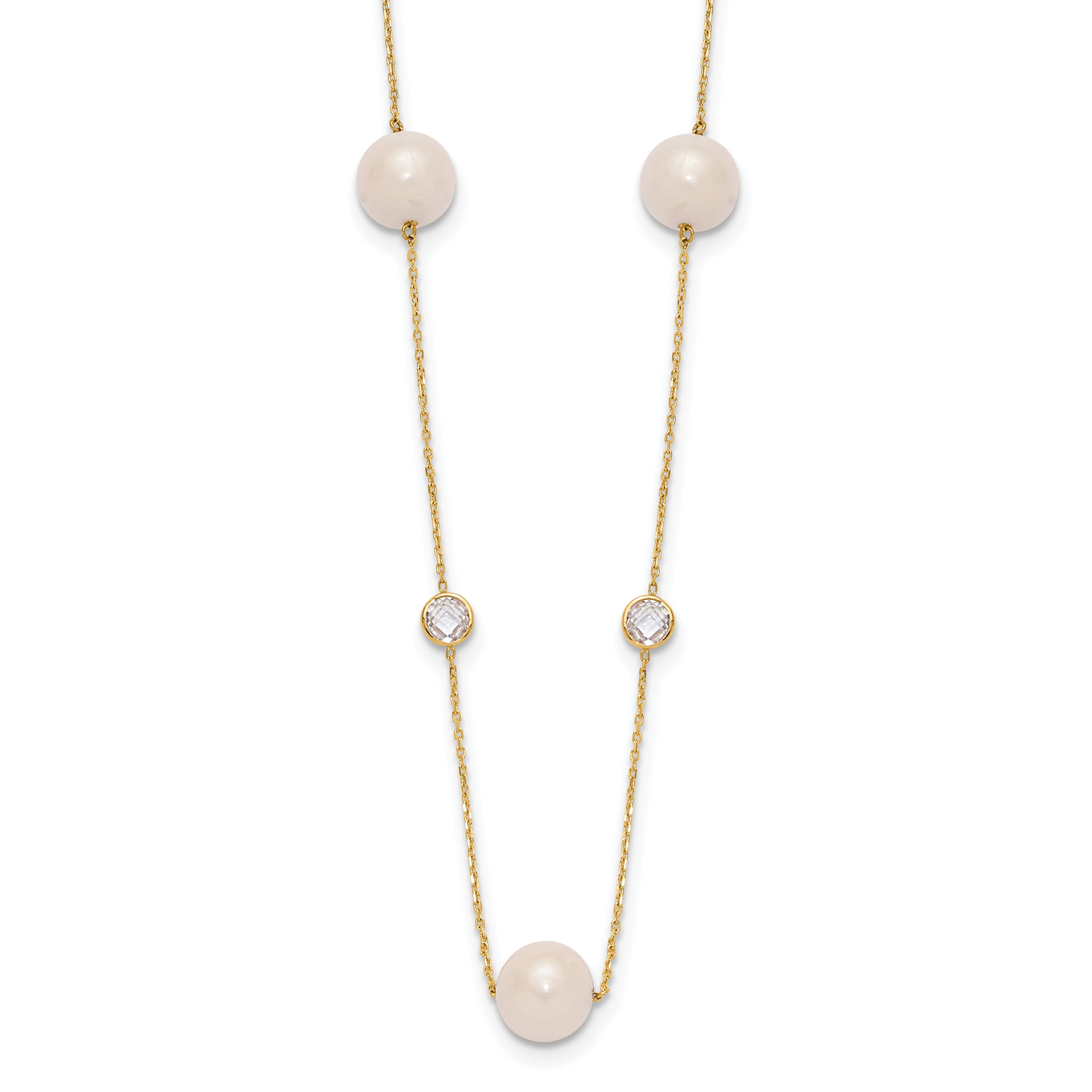 10K Yellow Gold 10K Polished Cz And 7-8mm Fwc Pearl 7 Station Necklace