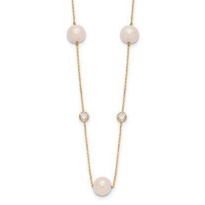10K Yellow Gold 10K Polished Cz And 7-8mm Fwc Pearl 7 Station Necklace
