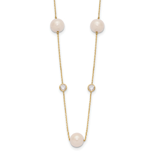 10K Yellow Gold 10K Polished Cz And 7-8mm Fwc Pearl 7 Station Necklace