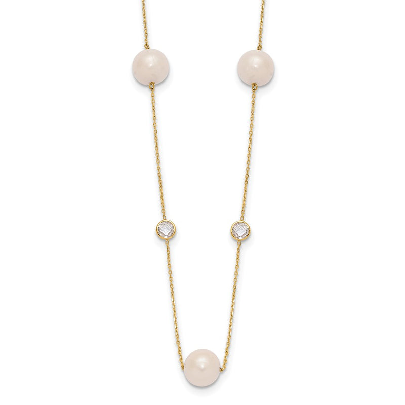 10K Yellow Gold 10K Polished Cz And 7-8mm Fwc Pearl 7 Station Necklace