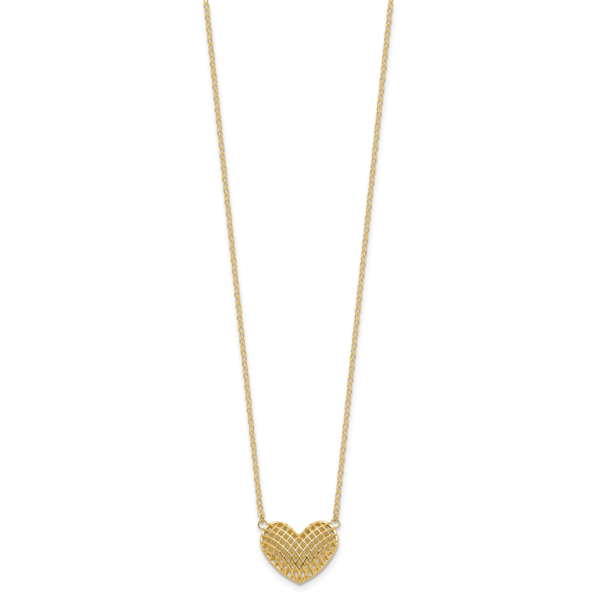 10K Yellow Gold Polished Hollow 3D Heart 18In Necklace