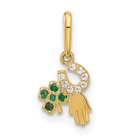 10K Yellow Gold 10K Polished Clover Horseshoe Hamsa Cz Luck Pendant