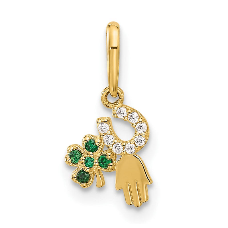10K Yellow Gold 10K Polished Clover Horseshoe Hamsa Cz Luck Pendant