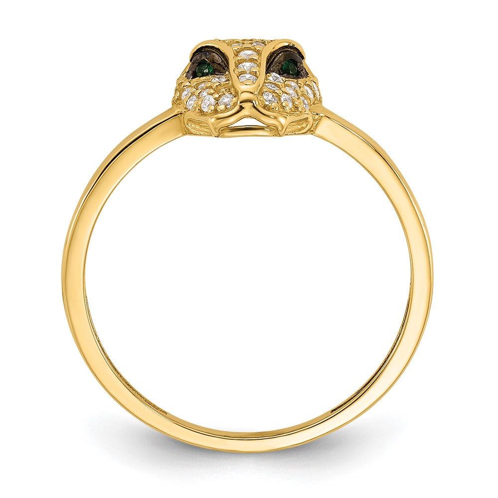 10K Yellow Gold 10K Polished Clear And Green Cz Lioness Head Ring