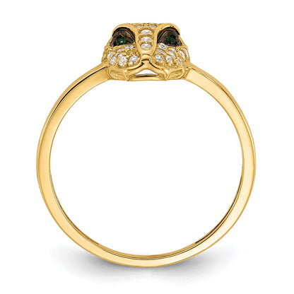 10K Yellow Gold 10K Polished Clear And Green Cz Lioness Head Ring