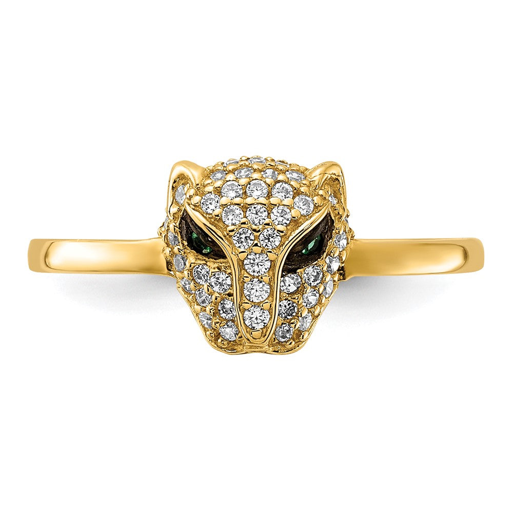 10K Yellow Gold 10K Polished Clear And Green Cz Lioness Head Ring