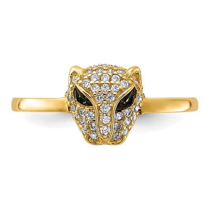 10K Yellow Gold 10K Polished Clear And Green Cz Lioness Head Ring