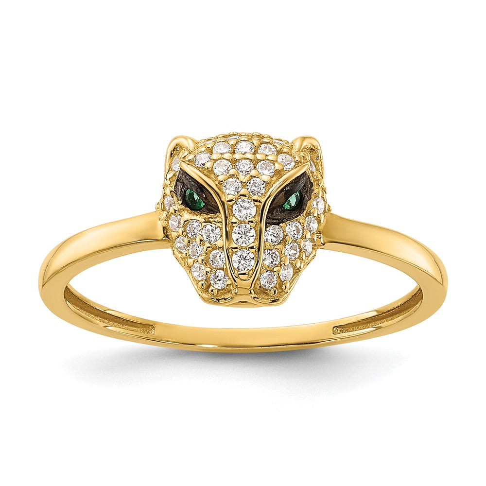 10K Yellow Gold 10K Polished Clear And Green Cz Lioness Head Ring