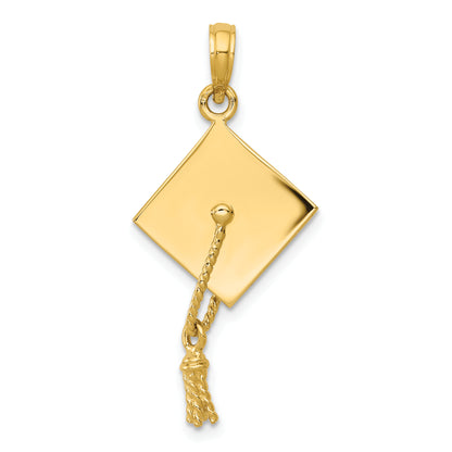 10K Yellow Gold Solid Polished 3-D Graduation Cap Pendant