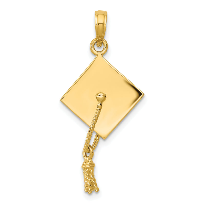 10K Yellow Gold Solid Polished 3-D Graduation Cap Pendant